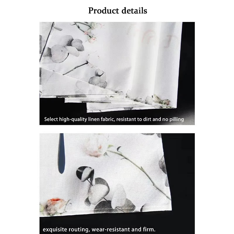 White linen placemats featuring a gothic floral mystic cross design with delicate dried flowers and leaves.