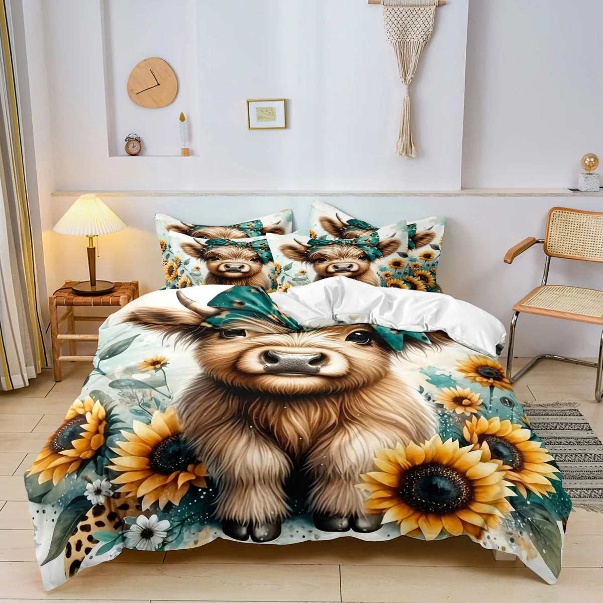 Highland cow print bedding set featuring a large brown cow face design on a floral background