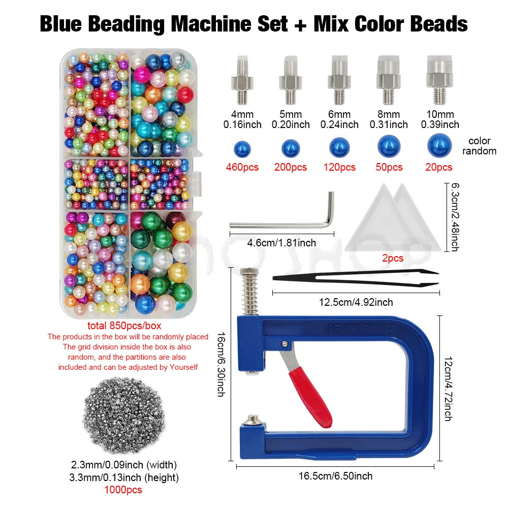 Blue beading machine set with mixed color beads and accessories for crafting