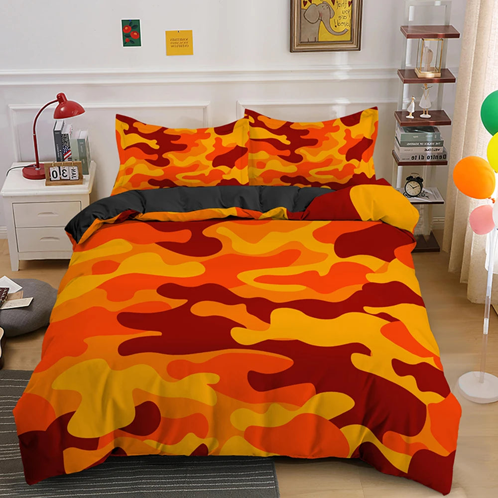 A vibrant orange and yellow camouflage duvet cover set displayed on a bed.