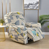 A beige floral print recliner and sofa slipcover set displayed on a light wood floor.