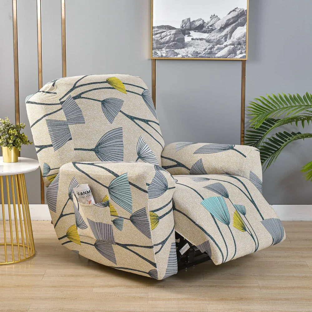 A beige floral print recliner and sofa slipcover set displayed on a light wood floor.