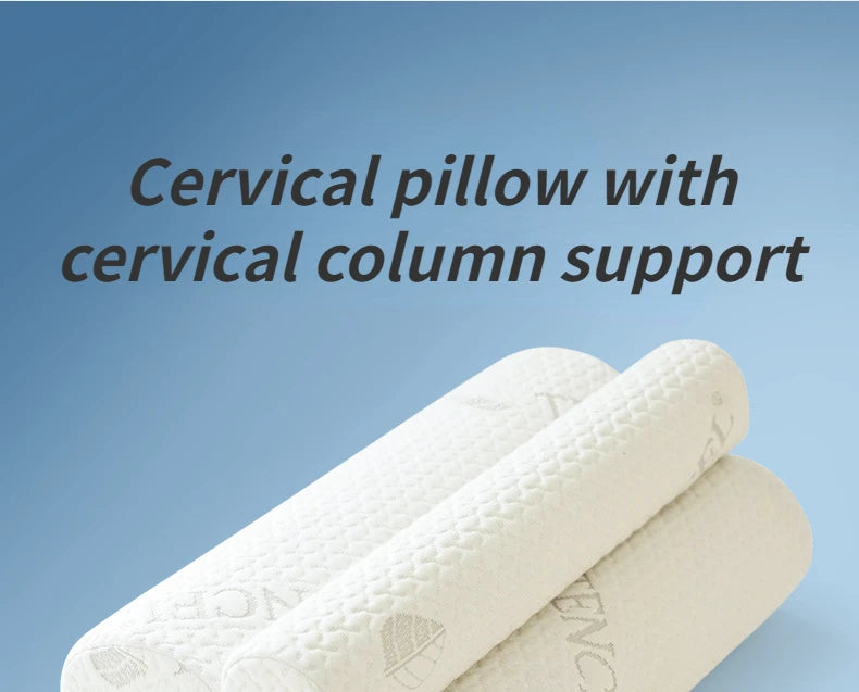 A white memory foam cervical pillow with a rolled design showing cervical column support.