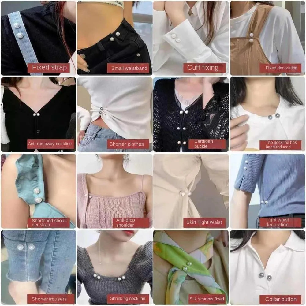 A collection of pearl brooch jewelry featuring various styles including fixed straps, cuffs, and buttons.