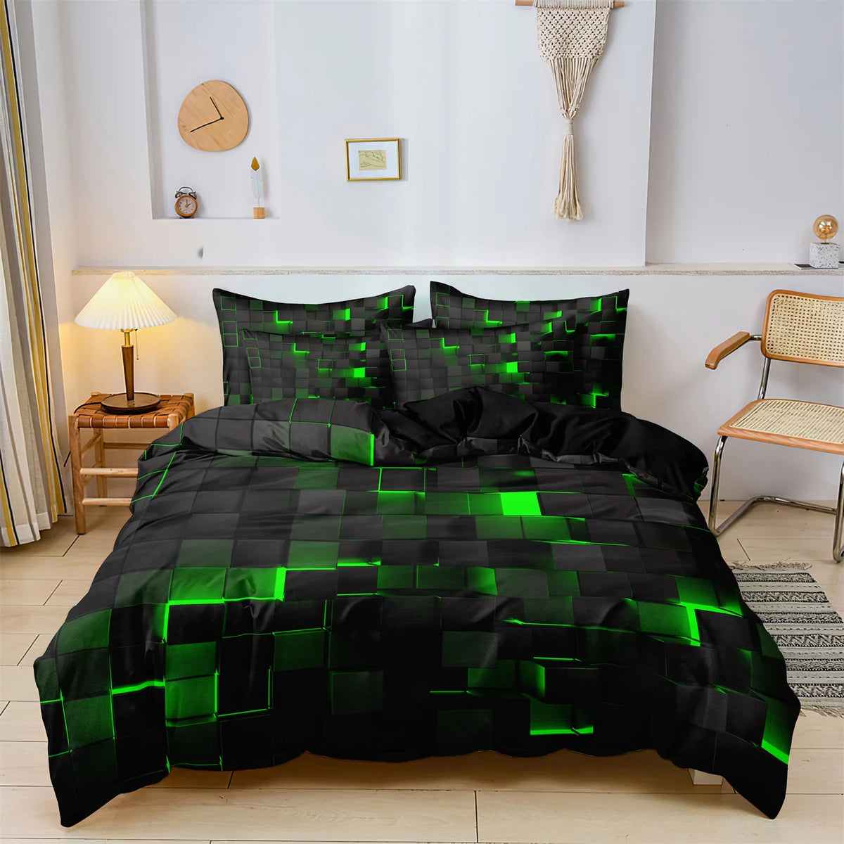 Black duvet cover featuring a vibrant green geometric grid plaid pattern.
