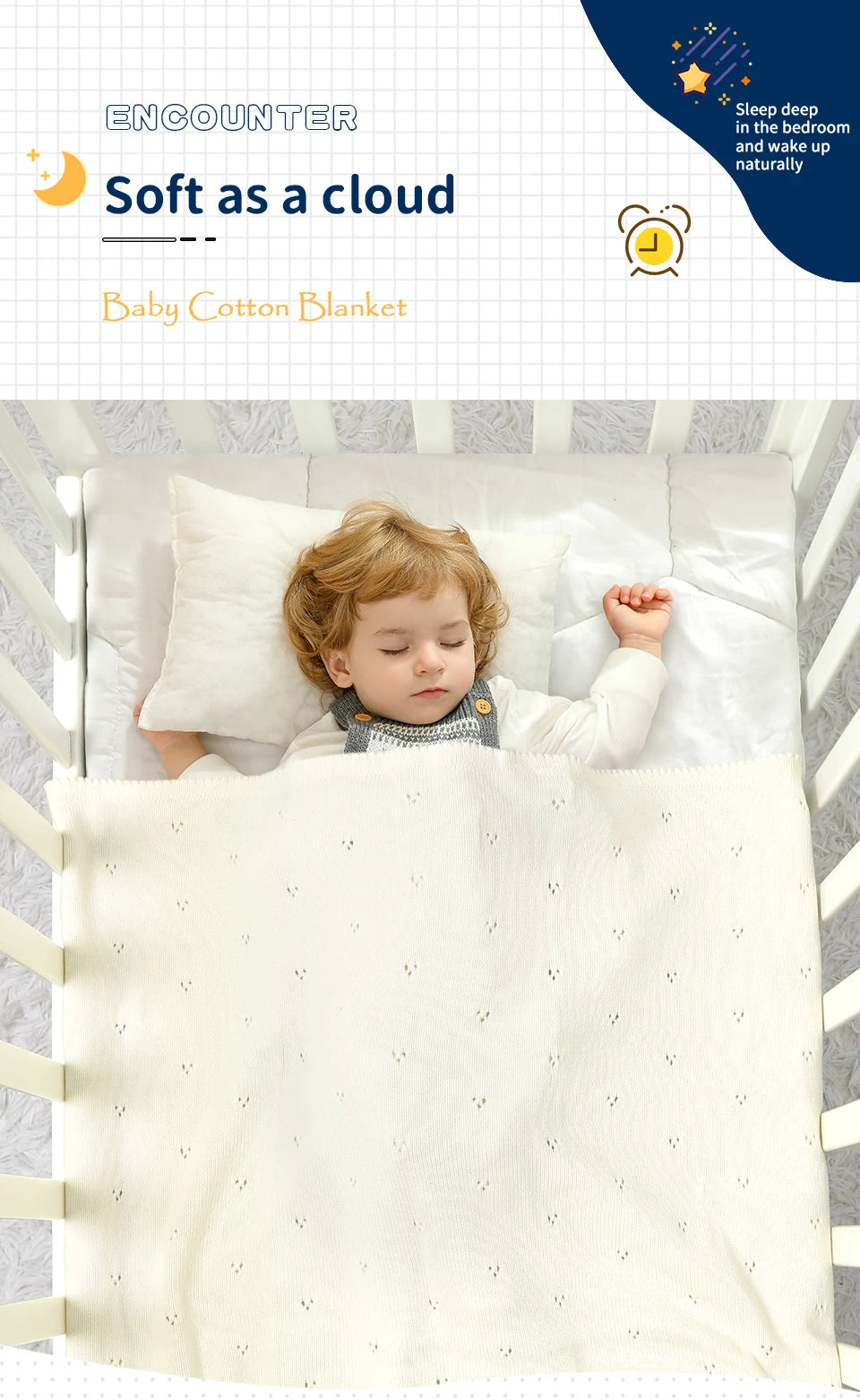 A baby is sleeping peacefully under a white cotton knit blanket in a crib.