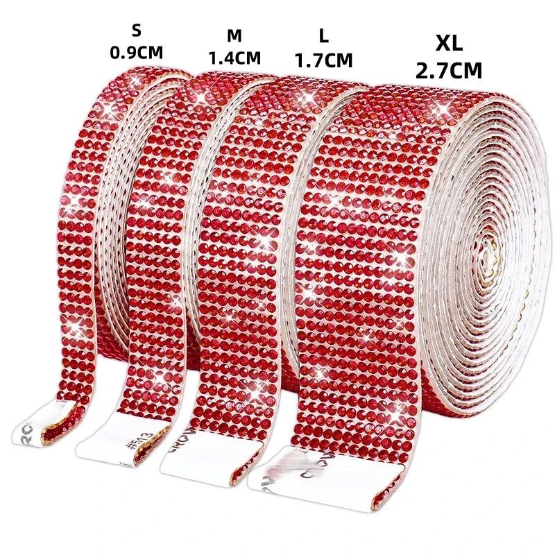 Roll of red crystal rhinestone ribbon with size measurements labeled for DIY crafts