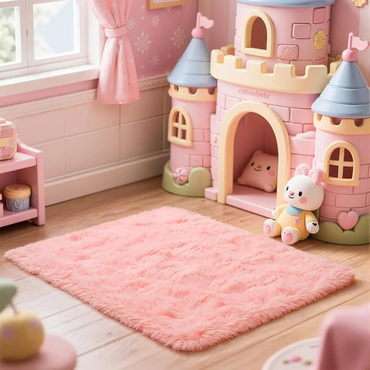 A fluffy pink plush bedroom carpet with a non-slip backing is displayed on a wooden floor.