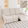 A beige heavy-duty chenille recliner sofa slipcover is shown indoors on a light rug.