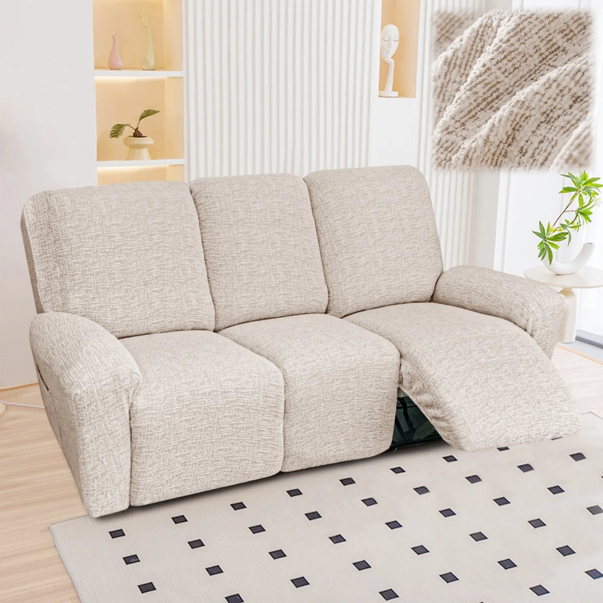 A beige heavy-duty chenille recliner sofa slipcover is shown indoors on a light rug.