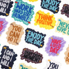 A collection of iron-on embroidered text patches with positive phrases like Work Hard Stay Humble and Enjoy The Day.