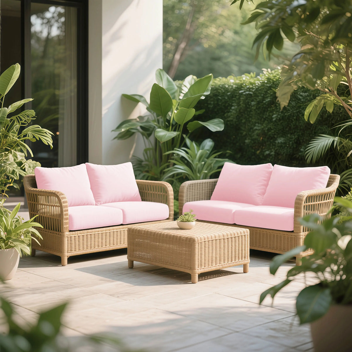 A pink luxury silk elastic sofa slipcover placed outdoors on a wooden deck with lush greenery in the background.