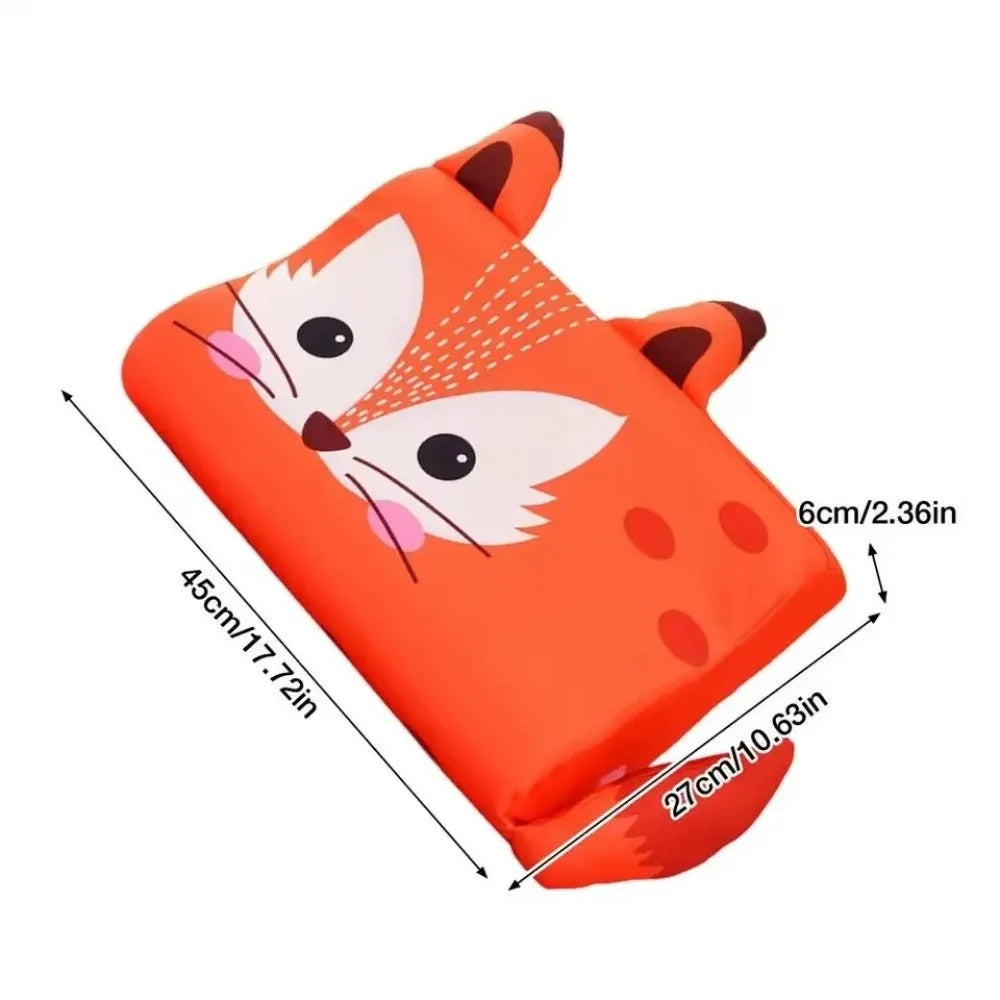 Orange fox-themed ergonomic memory foam neck pillow for toddlers shown from above.