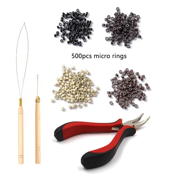 A set of professional hair extension bead tools including micro rings and pliers for bead manipulation