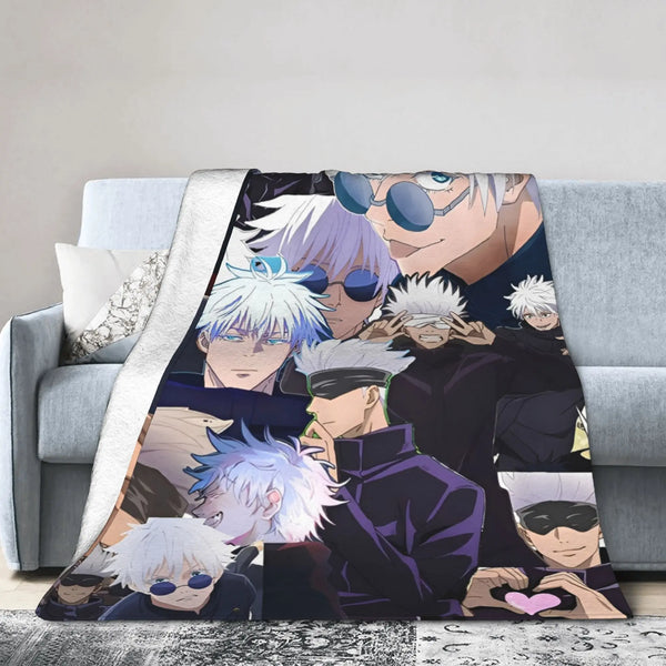 A flannel throw blanket featuring an illustration of Gojo Satoru from Jujutsu Kaisen
