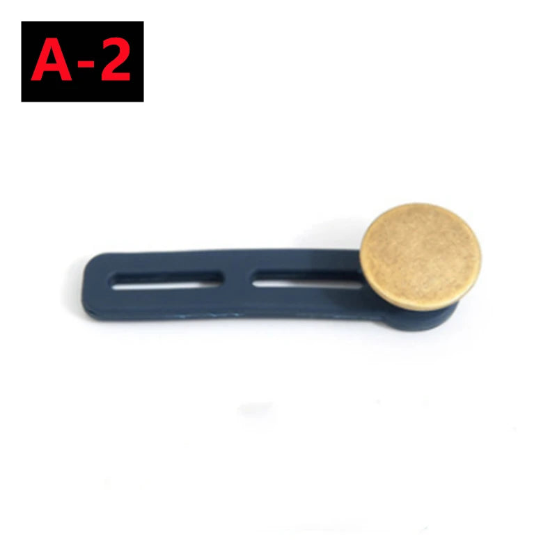 A metal button extender tool with a dark blue handle and a round brass-colored button.