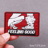 Red embroidered patch with white silhouette of a hand and foot and the text FEELING GOOD