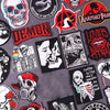 A collection of dark, gothic, and anatomical themed embroidered patches featuring skulls, demons, and stylized faces.