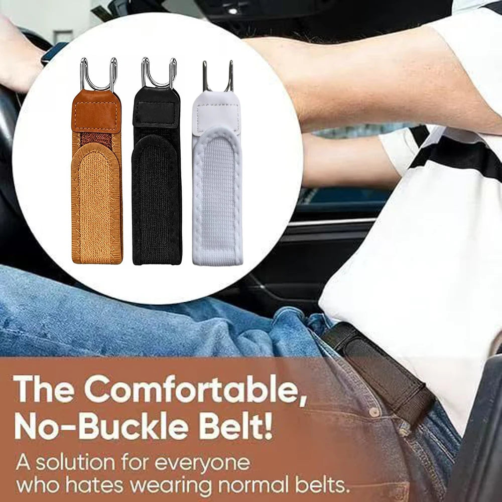 A hand is shown wearing a buckle-free elastic belt in various colors, demonstrating the comfortable alternative to normal bel