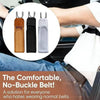 A hand is shown wearing a buckle-free elastic belt in various colors, demonstrating the comfortable alternative to normal bel