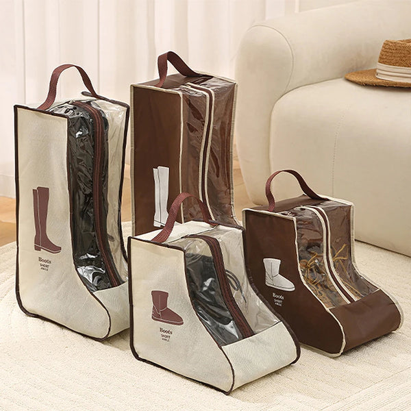 A set of brown and beige portable boot storage bags with carry handles displayed on a light rug.