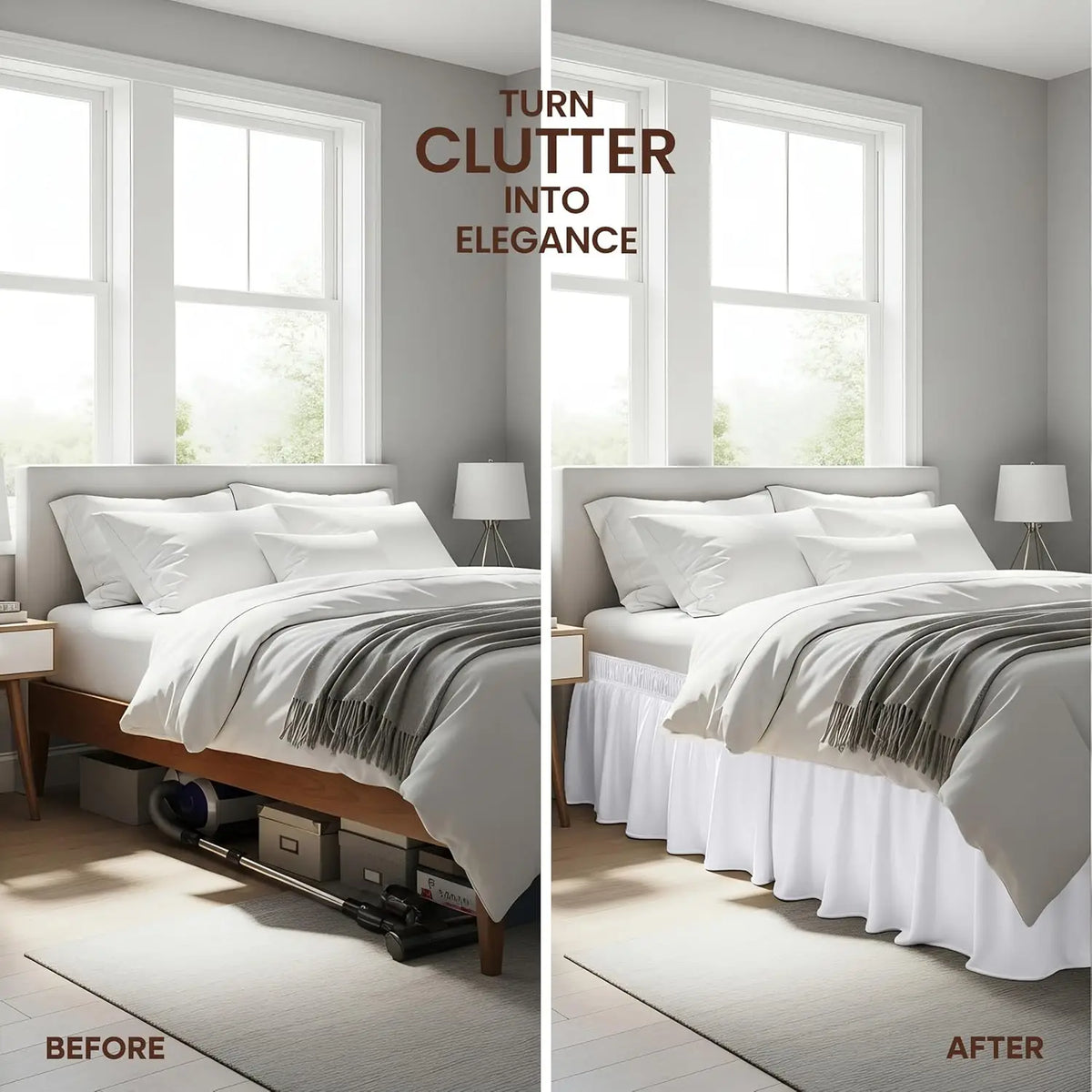 Before and after comparison of a bed with an elegant elastic skirt and ruffles on the bedding.