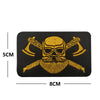 A black embroidered Valknut Viking patch featuring a bearded face and crossed hooks.