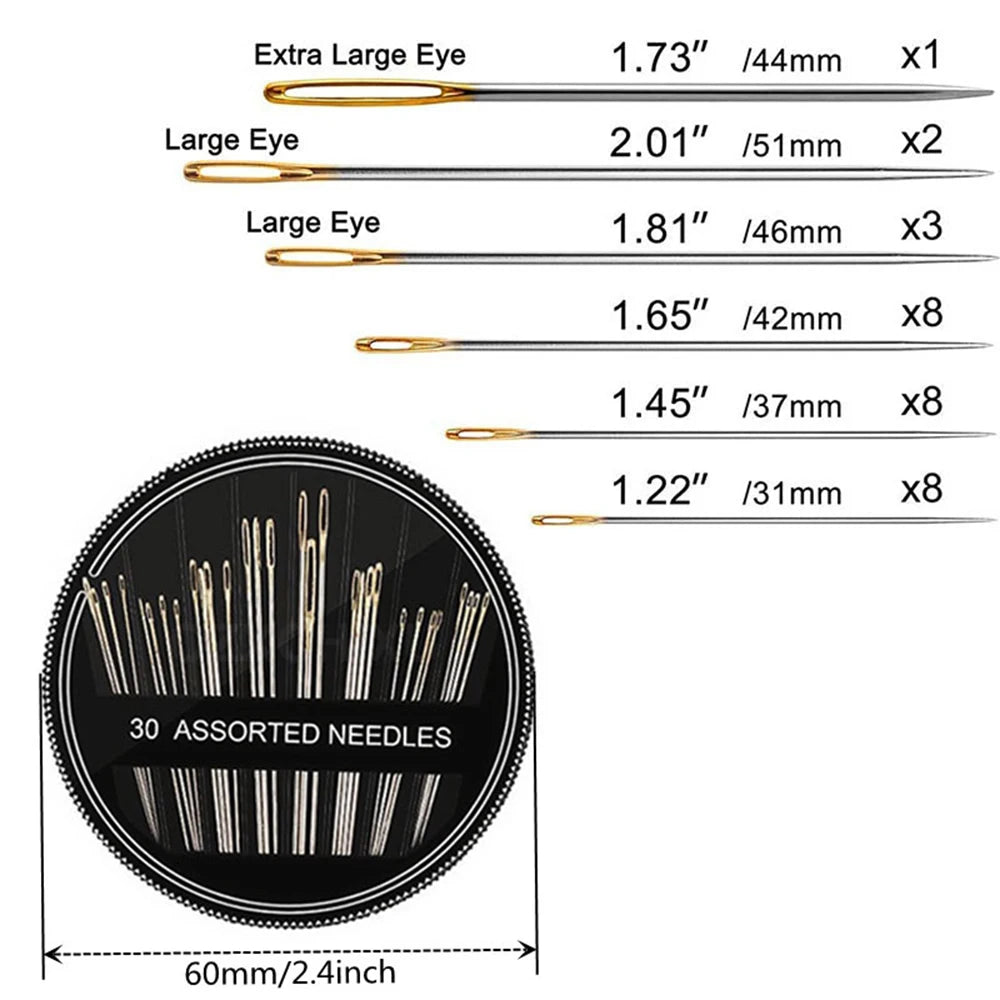 A set of premium stainless steel embroidery sewing needles with various sizes and quantities.