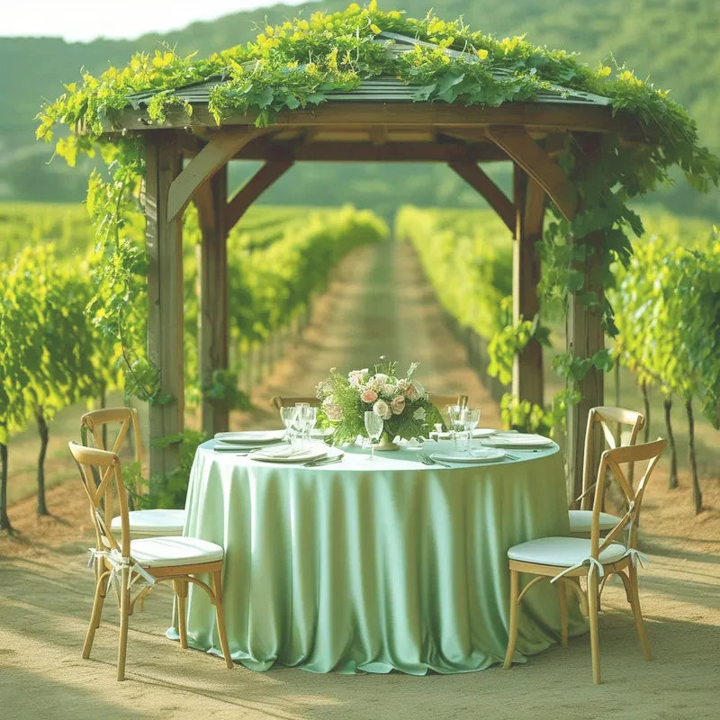 A lush vineyard setting featuring a wooden arbor with greenery and a round table draped in a sage green satin cloth.