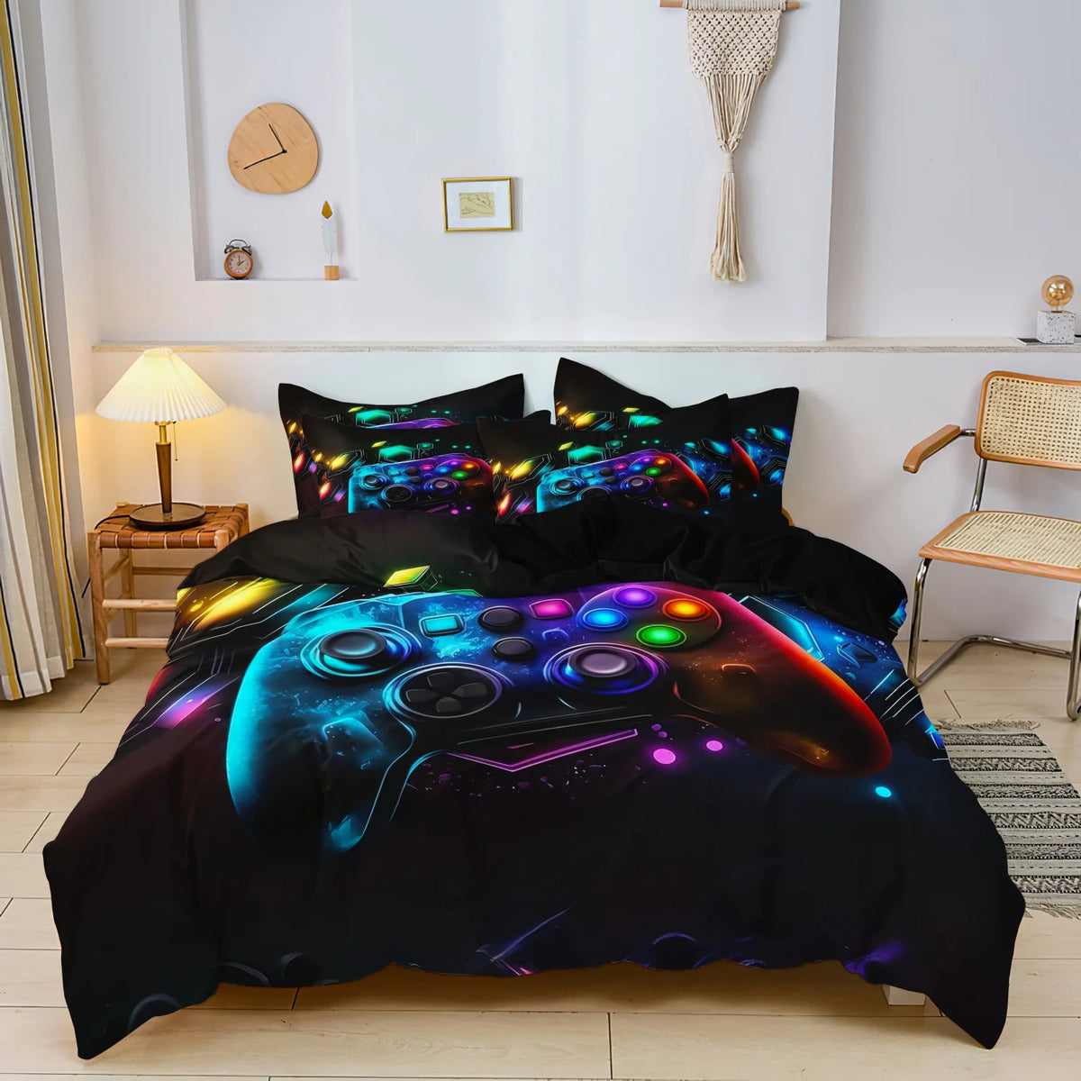 A black duvet cover featuring a vibrant neon blue and purple video game controller design.
