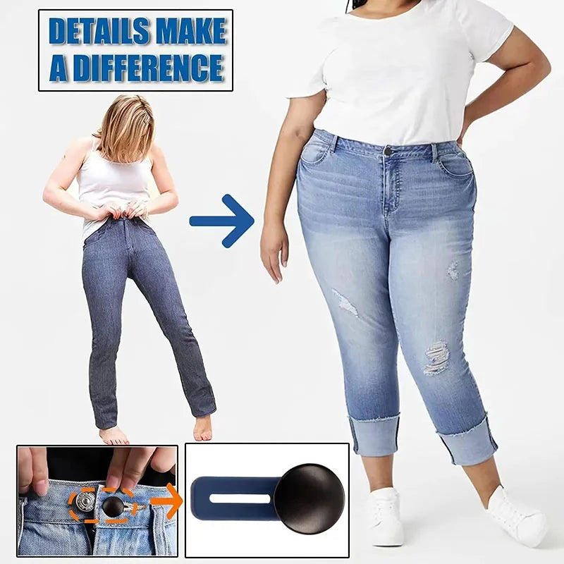 A woman models light wash jeans with adjustable waist buttons and a no-sew pant waist expander.