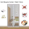 A set of anti-mosquito curtain components including nails and velcro, shown alongside a finished door installation.