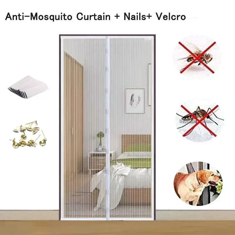 A set of anti-mosquito curtain components including nails and velcro, shown alongside a finished door installation.