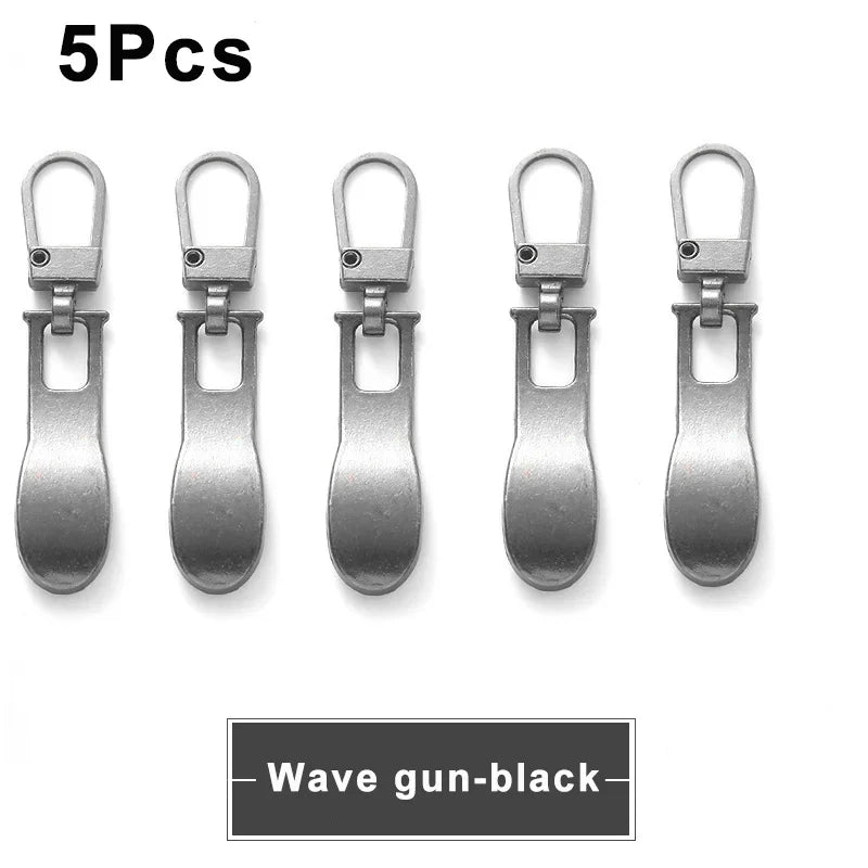 Five replacement metal zipper pulls in a gun-black finish for bags and luggage.