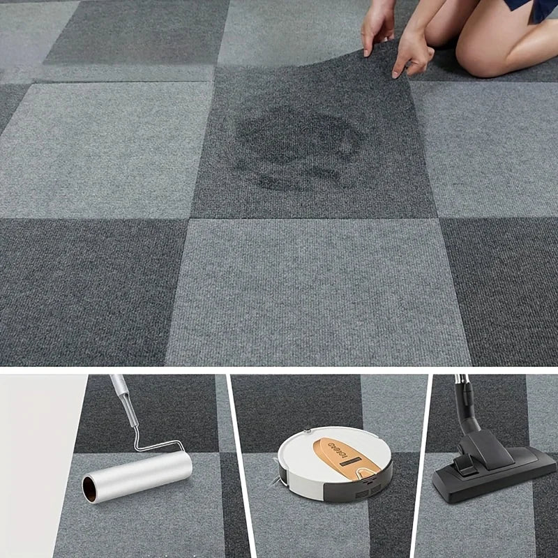 A close-up view of self-adhesive square carpet tiles being installed on a gray carpet surface.