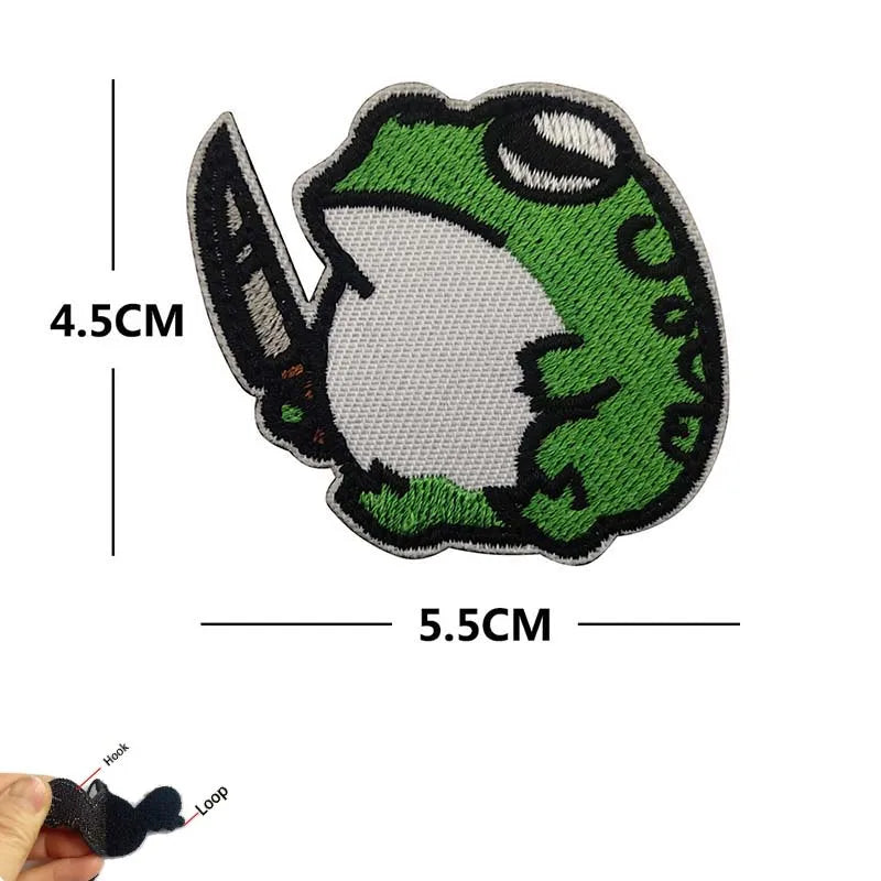 Embroidered tactical patch featuring a green and gray frog design with measurements.