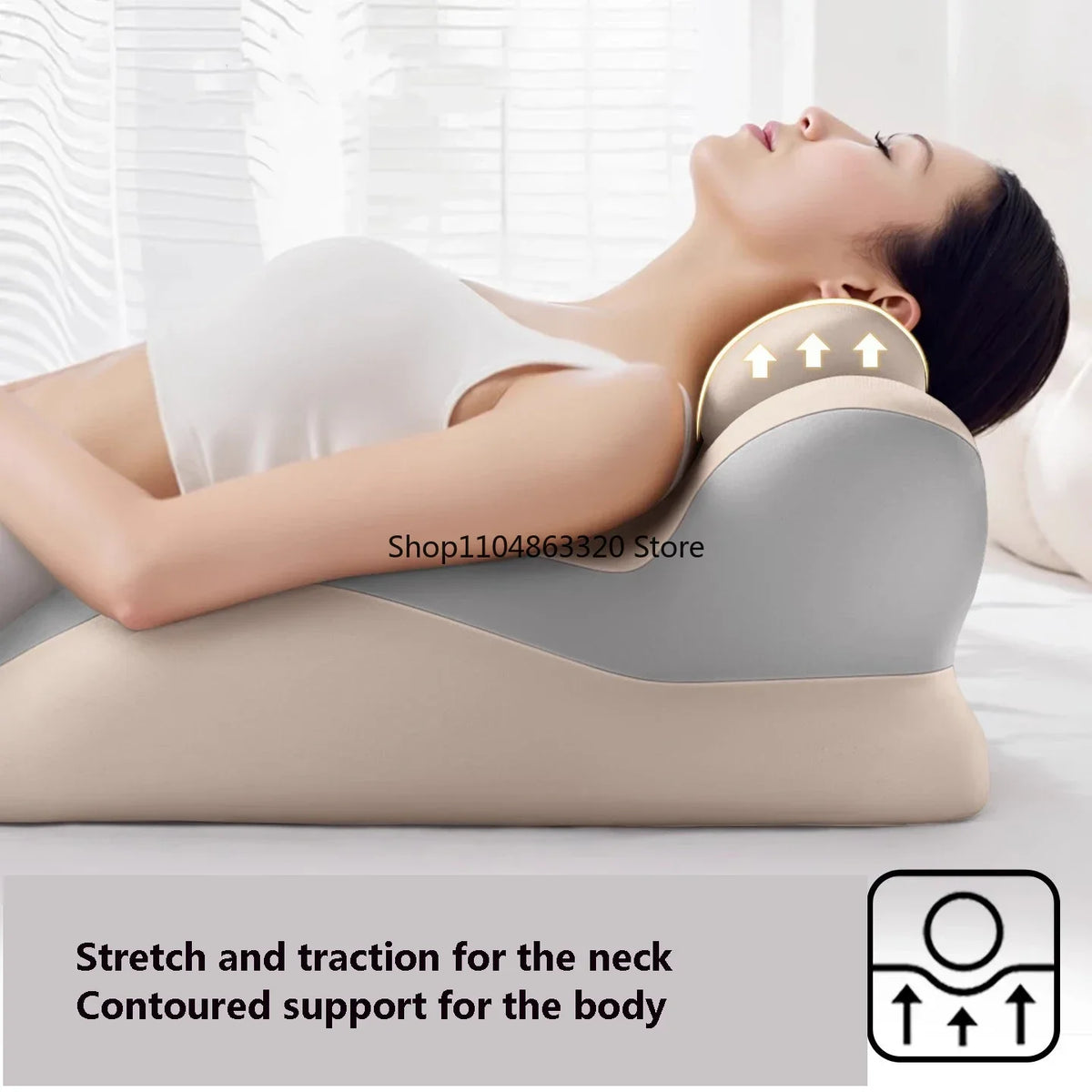 A person is lying down using a contoured memory foam wedge pillow for neck and body support.