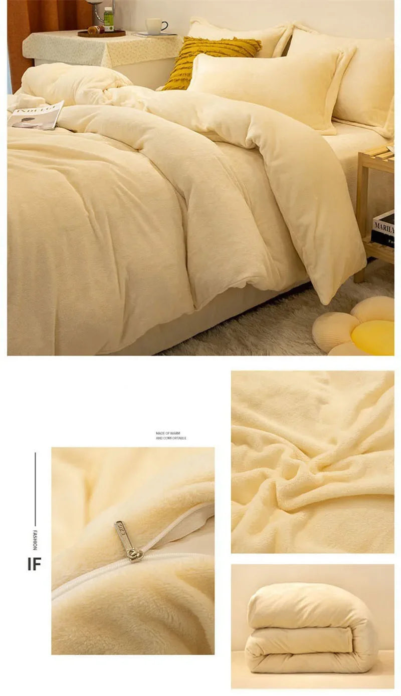 A luxurious beige flannel duvet cover set displayed on a bed, showing the fabric texture and folded product.