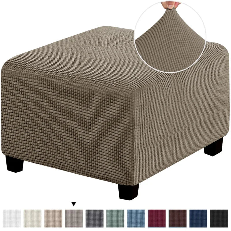 A square jacquard footrest ottoman slipcover shown with various fabric color options.
