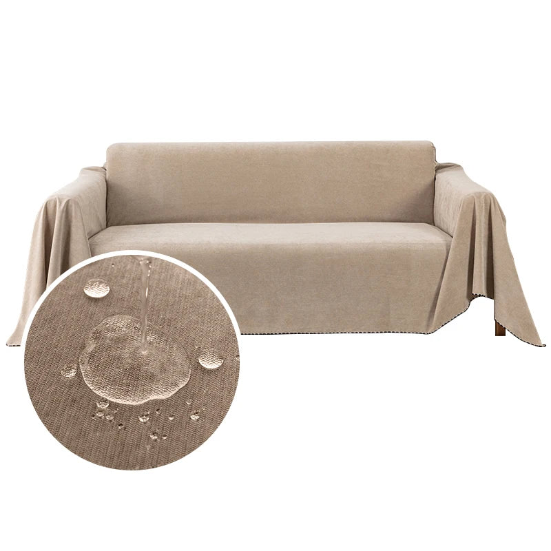 A beige waterproof sofa cover draped over a piece of furniture, shown with a circular inset detail.