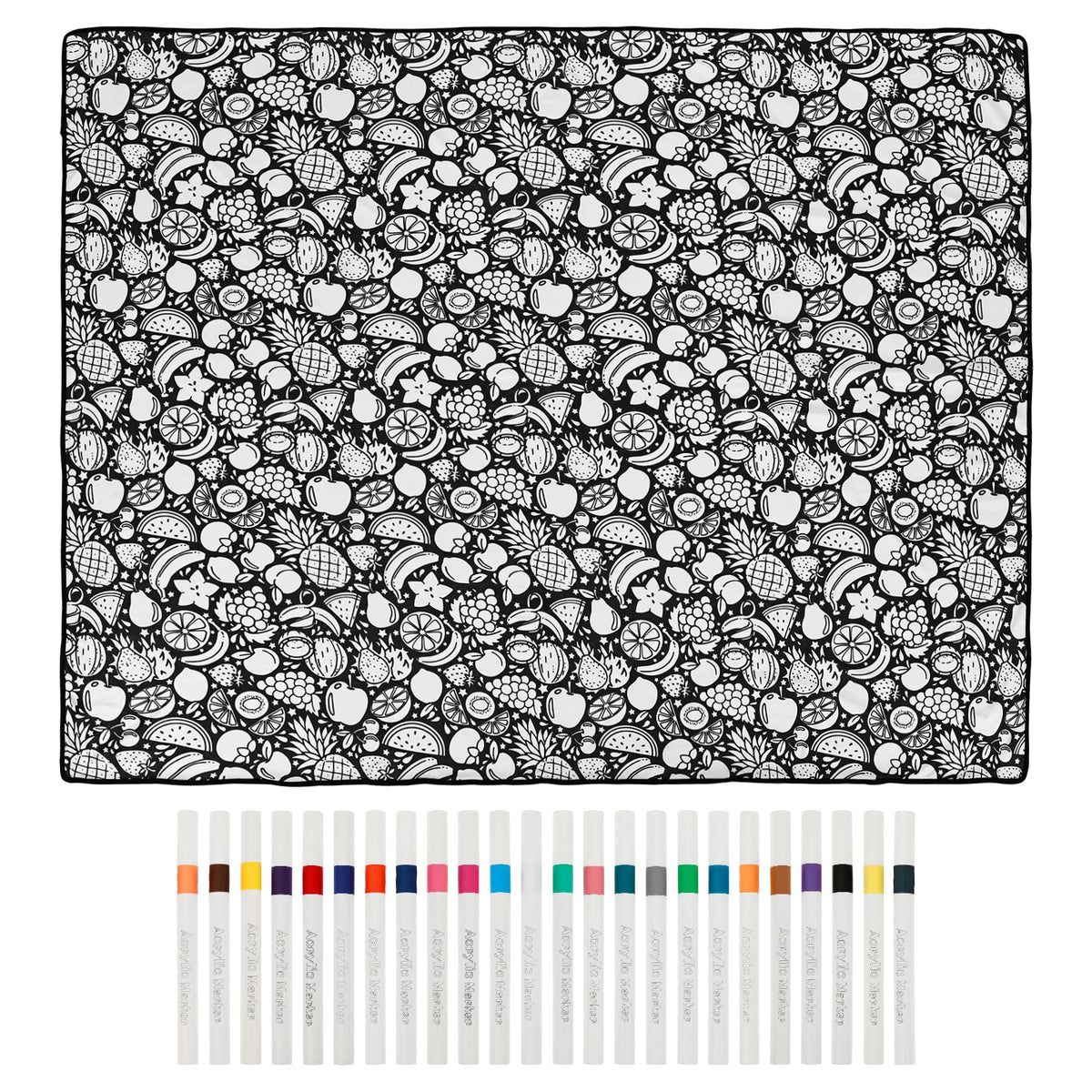 A sheet of black and white line art patterns for a DIY coloring blanket with art markers.