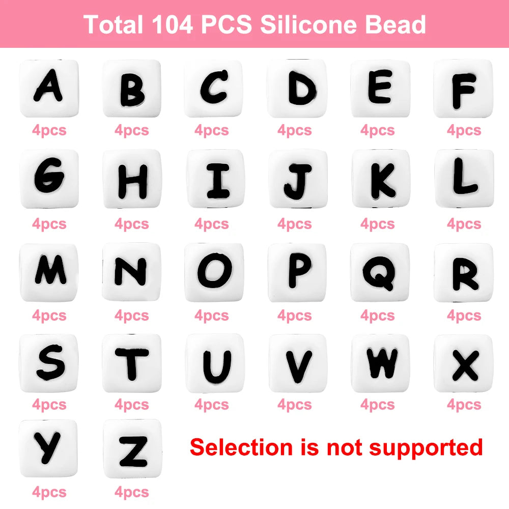 A grid of 26 silicone alphabet beads labeled A through Z for DIY jewelry and crafts
