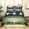 A football themed duvet cover set featuring a green field with bright stadium lights and dark clouds.
