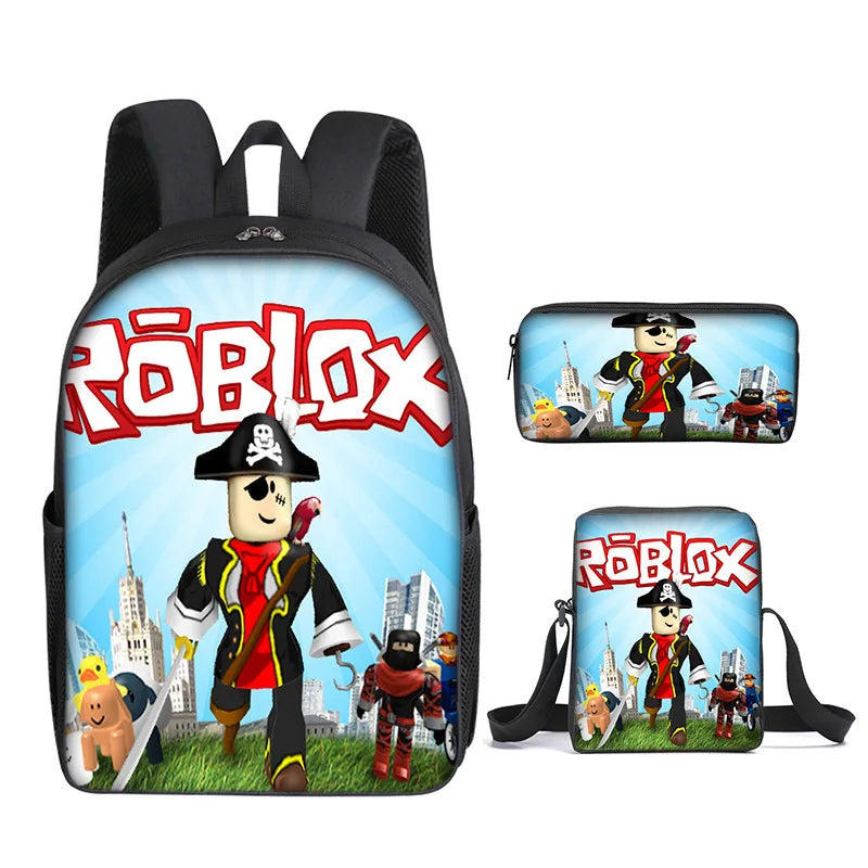 A black backpack and three slim laptop sleeves featuring Roblox characters and branding.