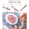 A close-up of a hand using a precision self-threading sewing kit to sew a pink floral design onto white fabric.