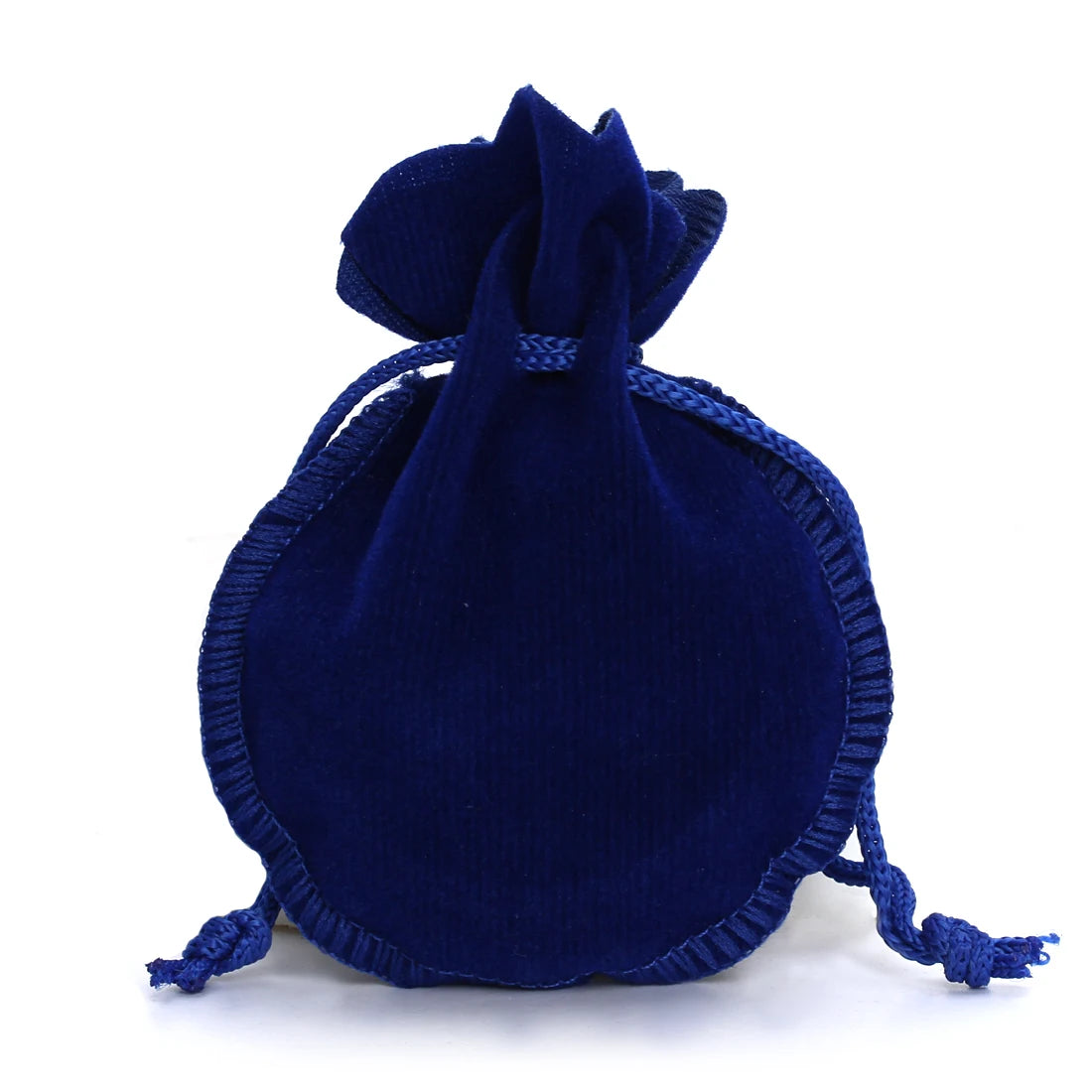 A dark blue velvet drawstring gift bag shaped like a gourd.