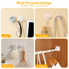 Multi-purpose design self-adhesive curtain rod clips shown in various contexts like a desk, living room, bathroom, and wardro