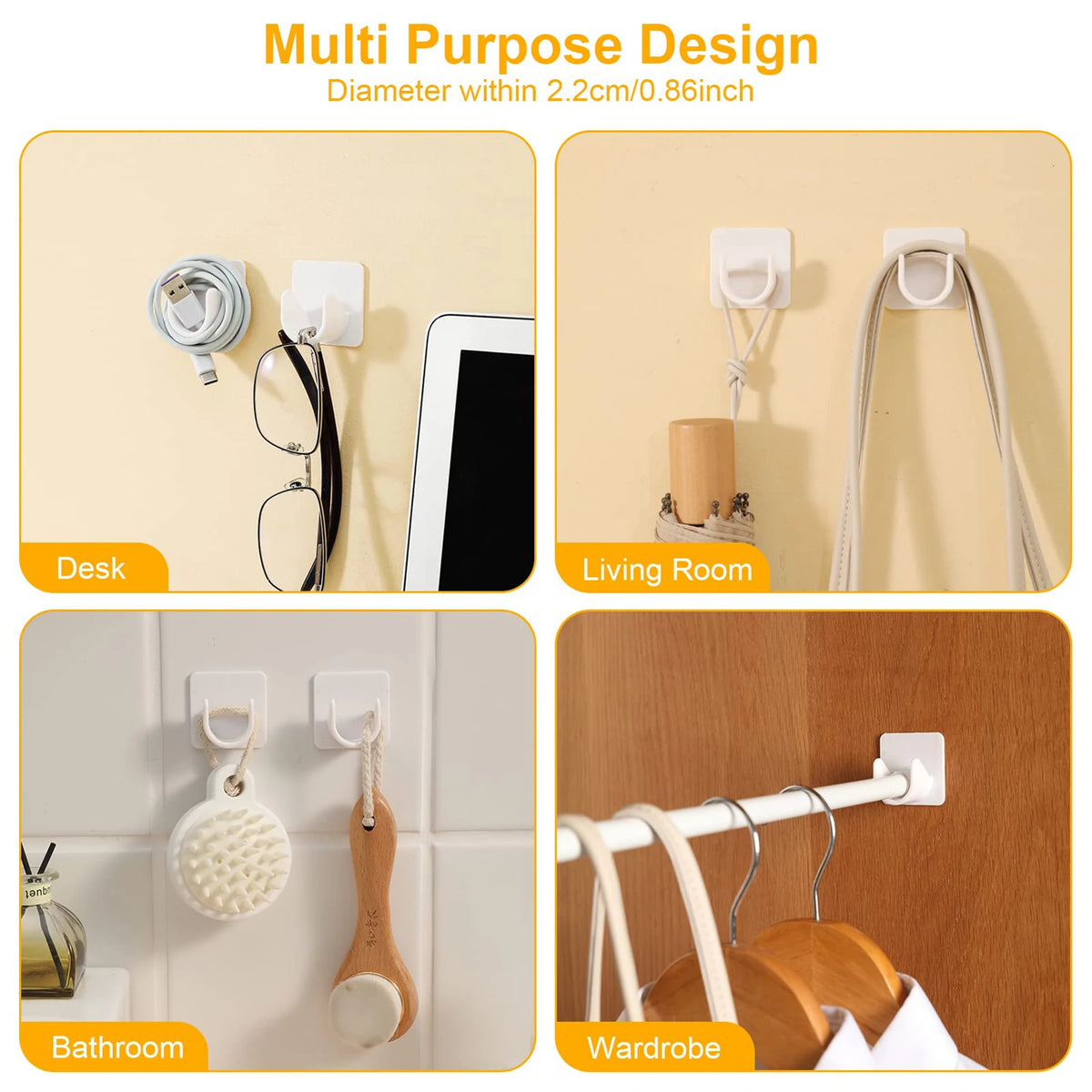 Multi-purpose design self-adhesive curtain rod clips shown in various contexts like a desk, living room, bathroom, and wardro