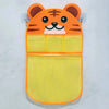 An orange tiger-themed mesh storage bag for baby bath organizer storage.