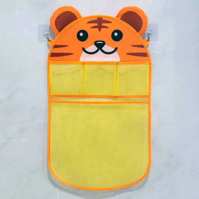 An orange tiger-themed mesh storage bag for baby bath organizer storage.